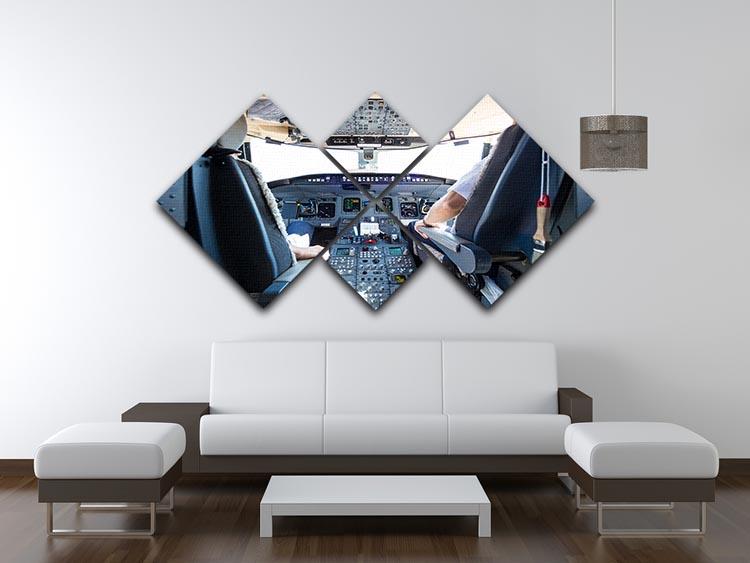 A 4-square multi panel canvas artwork depicting the interior of an airplane cockpit, showcasing intricate details and vibrant colors.
