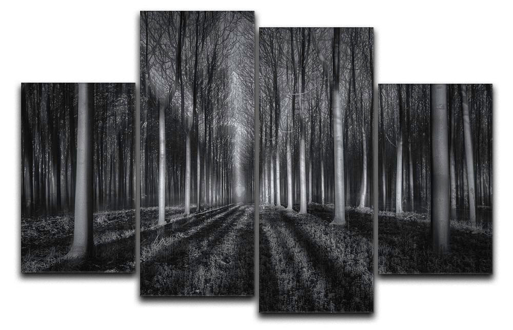 A beautiful 4-split canvas artwork depicting a serene forest scene, showcasing vibrant colors and intricate details across four panels.