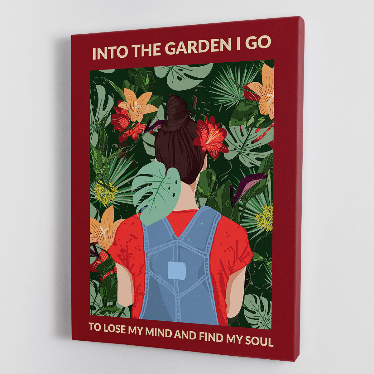 Into the Garden brunette canvas print featuring a beautiful brunette figure on a burgundy background, perfect for home decor.