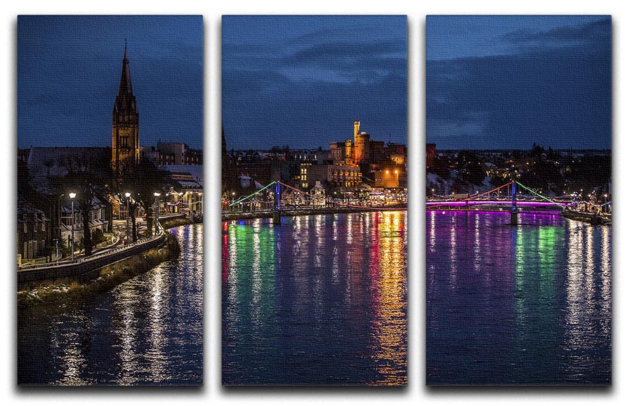 Inverness at night 3-panel canvas print showcasing a serene landscape with vibrant colors and intricate details.