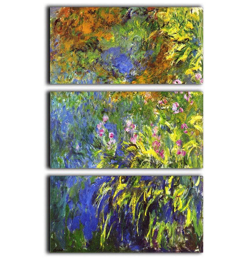 Three-panel canvas print of Monet's Iris at the Sea Rose Pond, showcasing vibrant colors and intricate details.