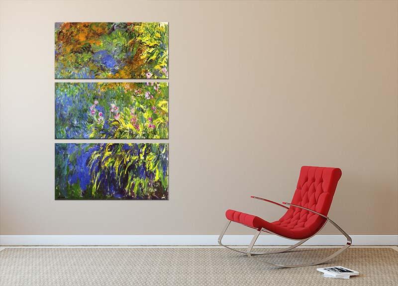 Three-panel canvas print of Monet's Iris at the Sea Rose Pond, showcasing vibrant colors and intricate details.