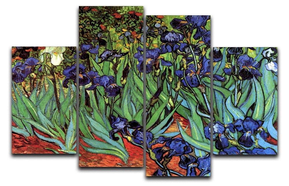 A 4-split canvas artwork featuring Van Gogh's Irises 2, showcasing vibrant colors and dynamic design across four panels.