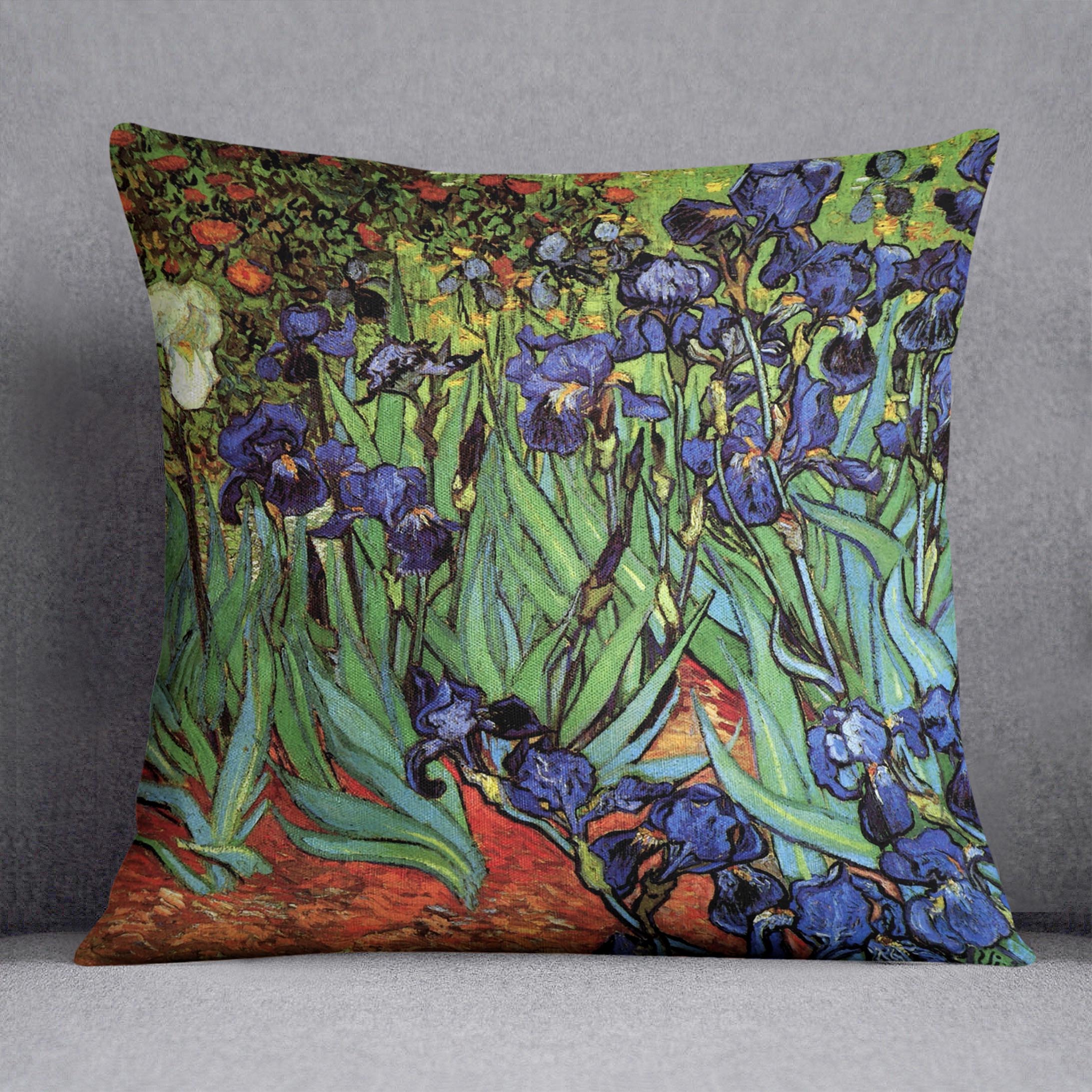 Irises 2 by Van Gogh Cushion featuring vibrant floral design on luxurious vegan faux suede.