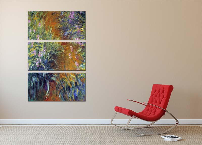 Three-panel canvas print of Monet's Irises, showcasing vibrant colors and intricate details.