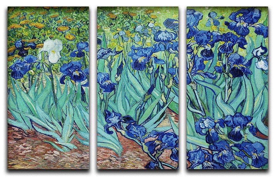 Three-panel canvas print of Van Gogh's Irises, showcasing vibrant colors and intricate details.
