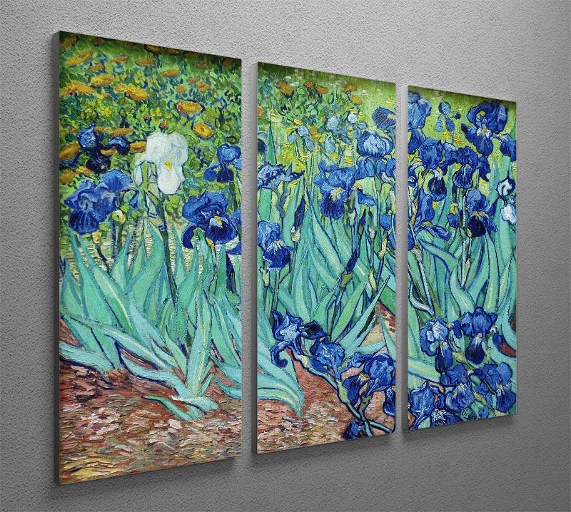 Three-panel canvas print of Van Gogh's Irises, showcasing vibrant colors and intricate details.