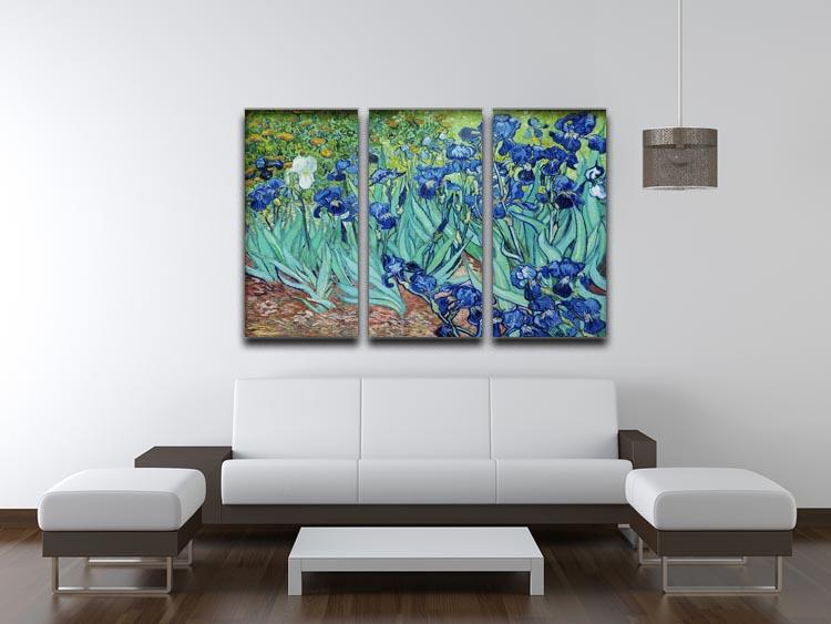 Three-panel canvas print of Van Gogh's Irises, showcasing vibrant colors and intricate details.