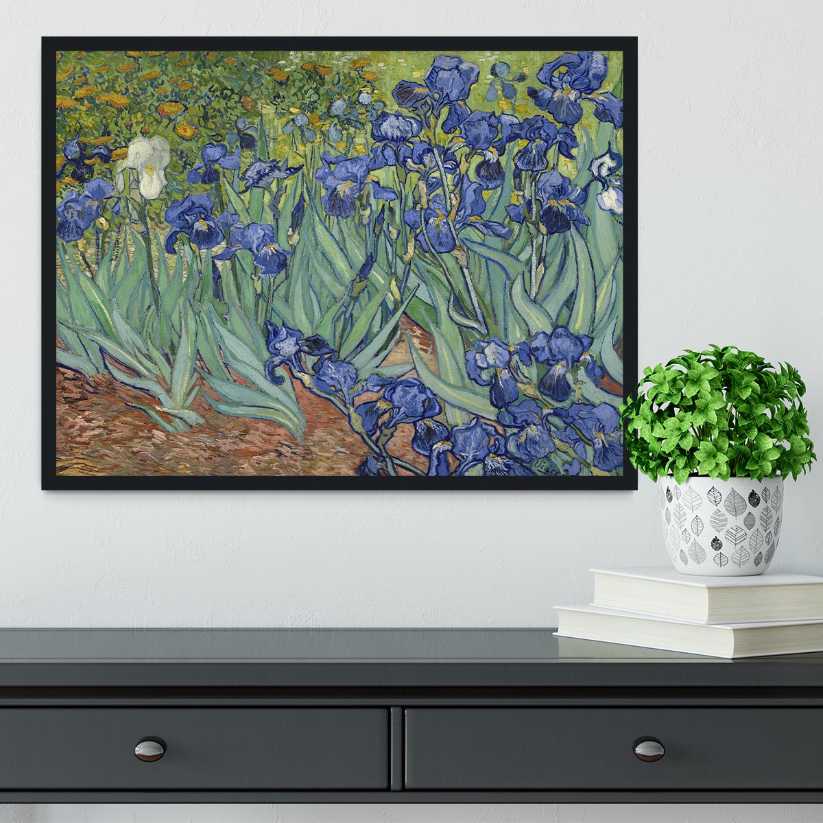 Framed print of Van Gogh's Irises artwork, showcasing vibrant colors and intricate details in a stylish frame.