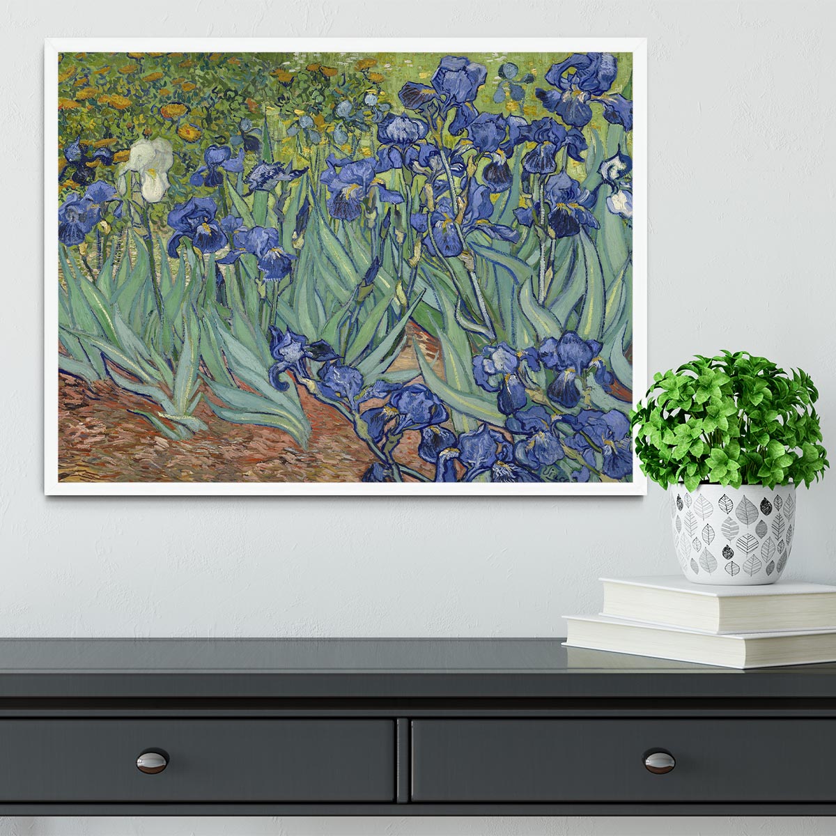 Framed print of Van Gogh's Irises artwork, showcasing vibrant colors and intricate details in a stylish frame.