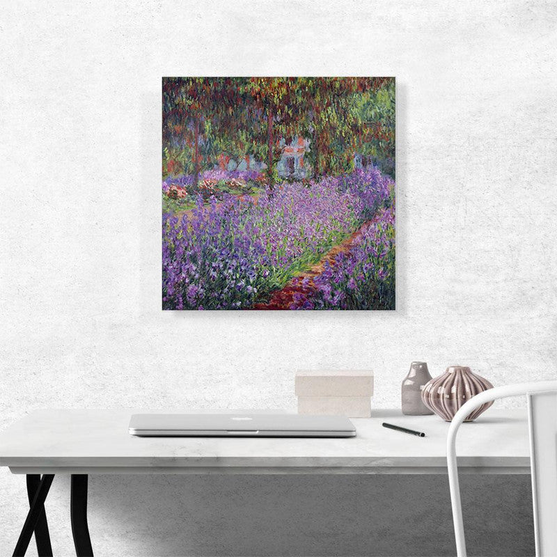 A vibrant canvas print of 'Irises In Monet's Garden' showcasing colorful irises in a lush garden setting.