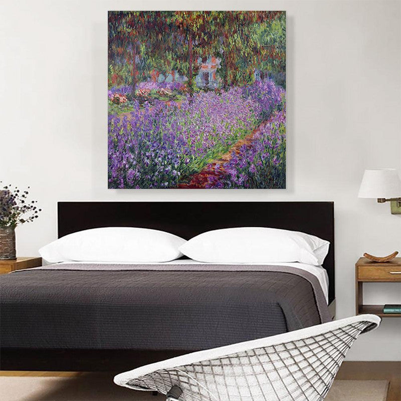 A vibrant canvas print of 'Irises In Monet's Garden' showcasing colorful irises in a lush garden setting.