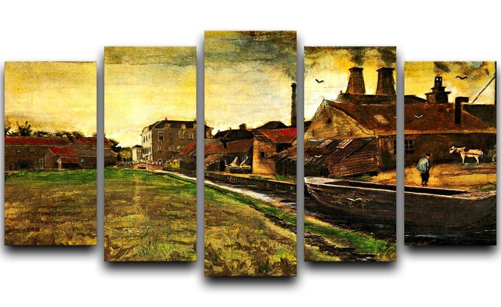 5 split panel canvas artwork featuring Van Gogh's Iron Mill in The Hague, showcasing vibrant colors and dynamic composition.