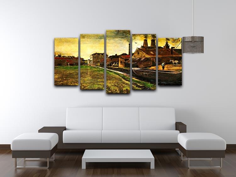 5 split panel canvas artwork featuring Van Gogh's Iron Mill in The Hague, showcasing vibrant colors and dynamic composition.