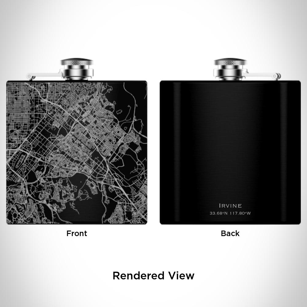 Custom engraved matte black hip flask featuring a map of Irvine, California with coordinates, accompanied by a canvas bag and funnel.