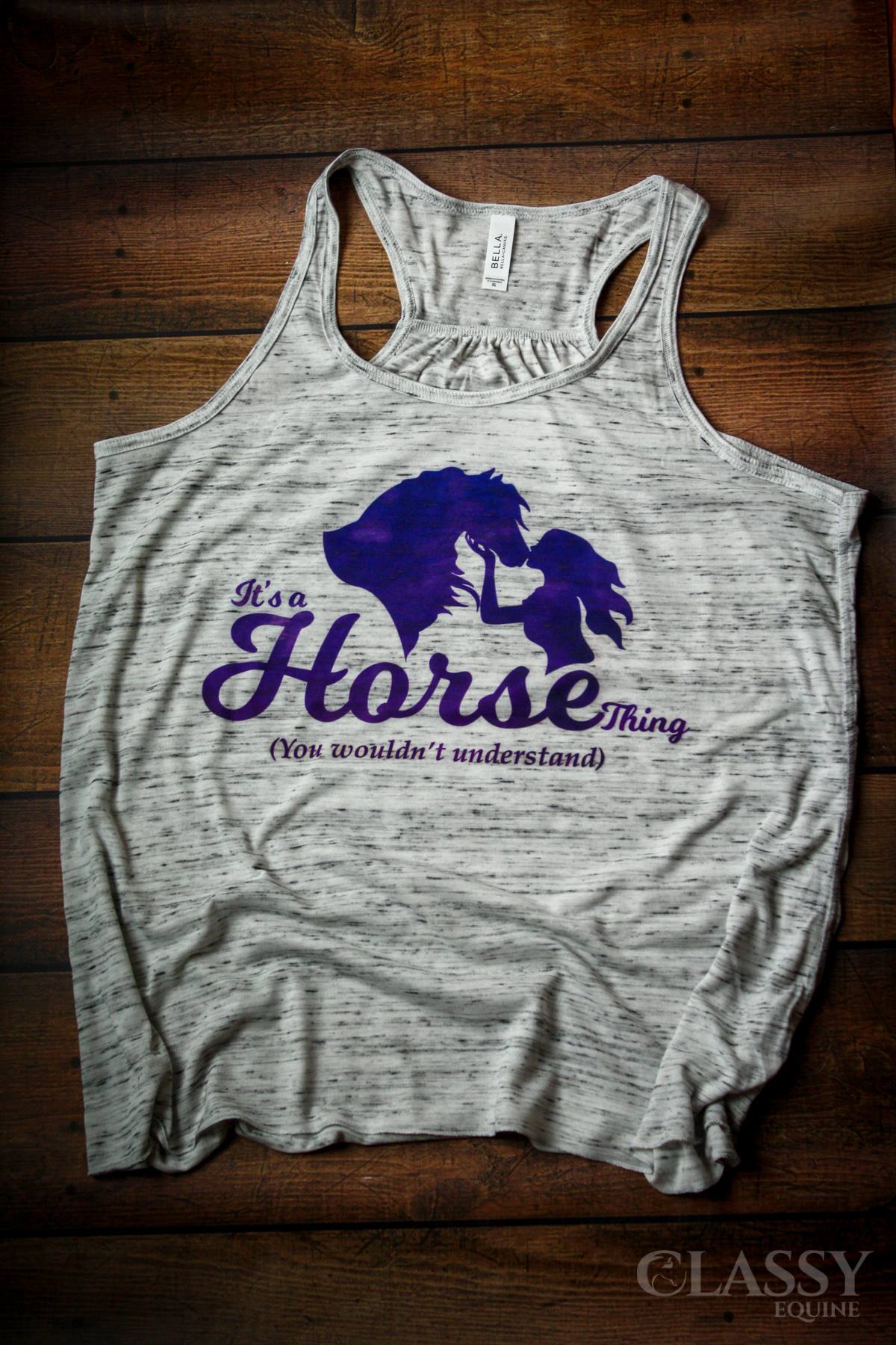 Flowy tank top with 'It's a Horse Thing' design, available in various colors and sizes, perfect for horse lovers.