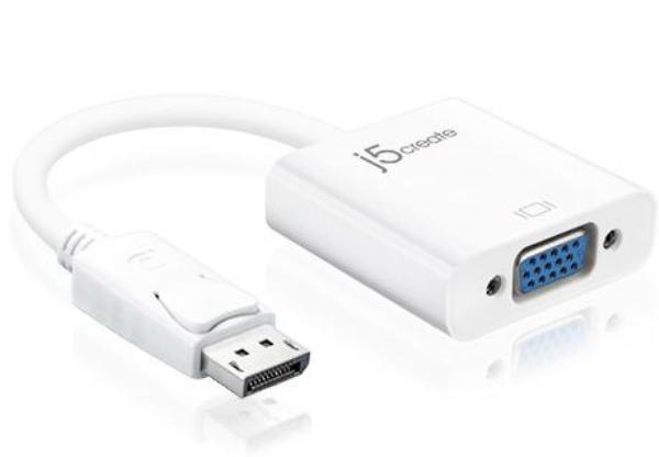 J5create JDA114 DisplayPort to VGA Adapter showcasing its compact design and connectivity ports.