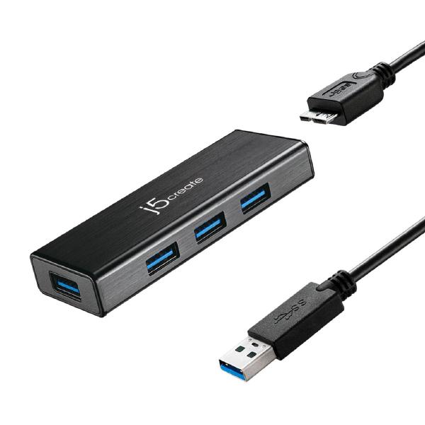 J5create JUH340 USB 3.0 4-port hub with 5V power adaptor, showcasing multiple USB ports and a sleek design.