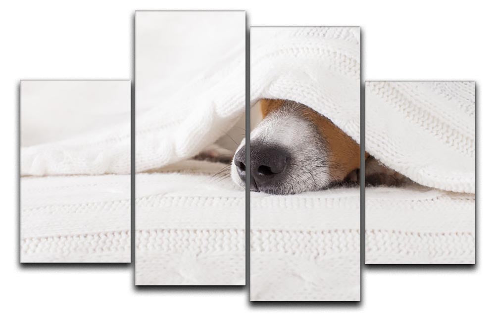 A charming 4 split panel canvas featuring a Jack Russell dog sleeping under a cozy blanket, perfect for home decor.