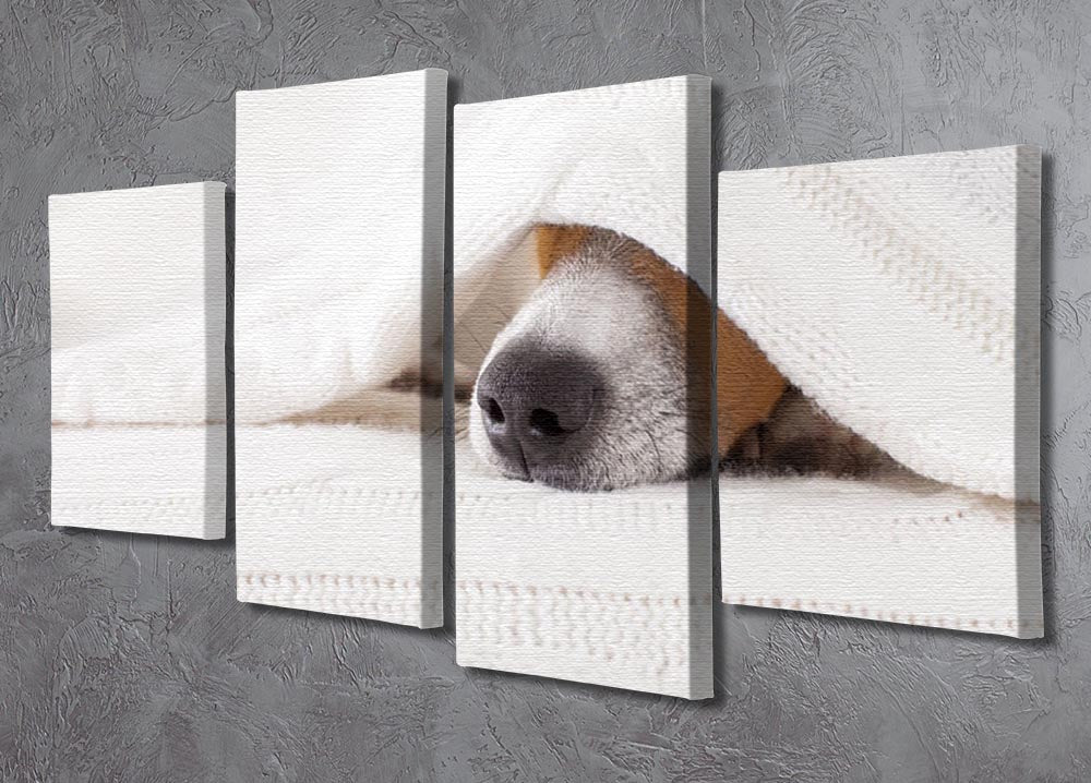A charming 4 split panel canvas featuring a Jack Russell dog sleeping under a cozy blanket, perfect for home decor.
