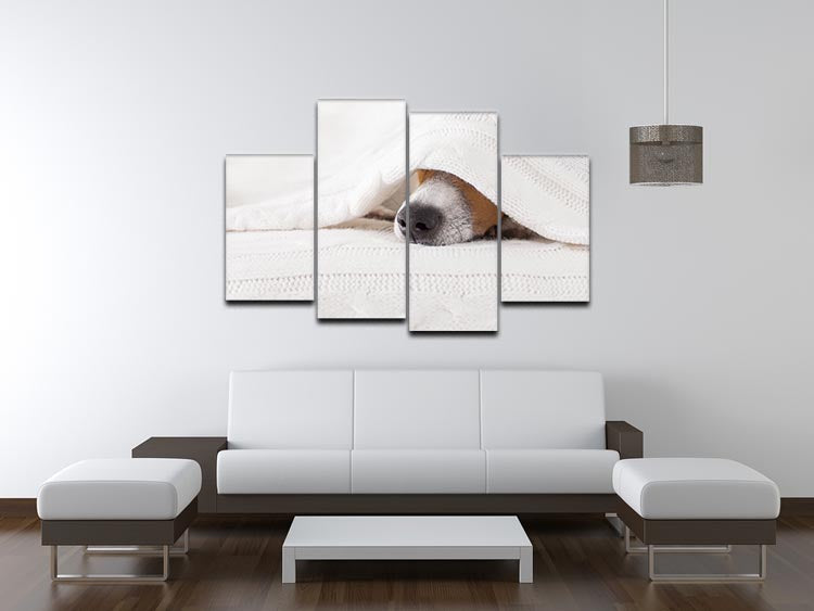 A charming 4 split panel canvas featuring a Jack Russell dog sleeping under a cozy blanket, perfect for home decor.