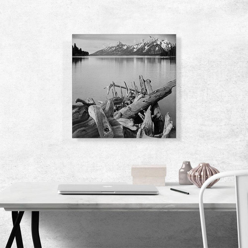 A beautiful canvas print of Jackson Lake in Grand Teton National Park, showcasing serene waters and majestic mountains.