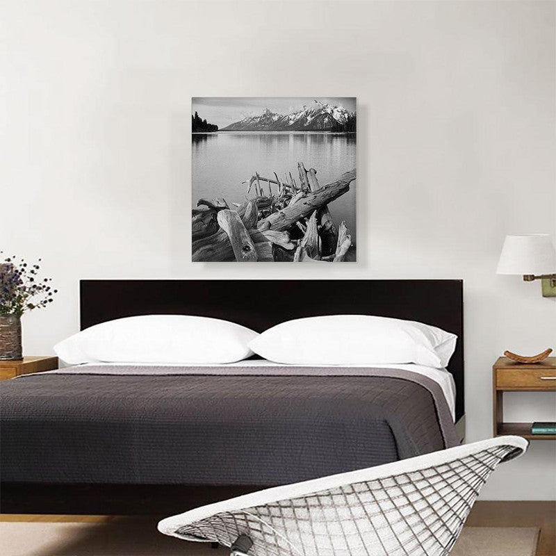 A beautiful canvas print of Jackson Lake in Grand Teton National Park, showcasing serene waters and majestic mountains.