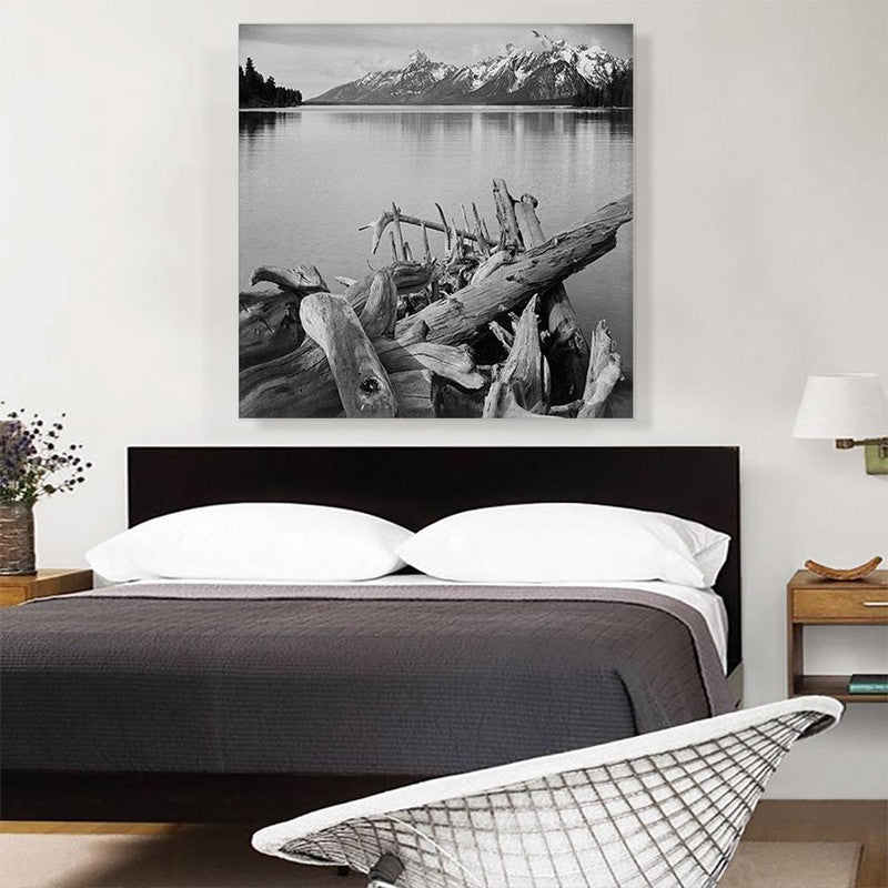A beautiful canvas print of Jackson Lake in Grand Teton National Park, showcasing serene waters and majestic mountains.