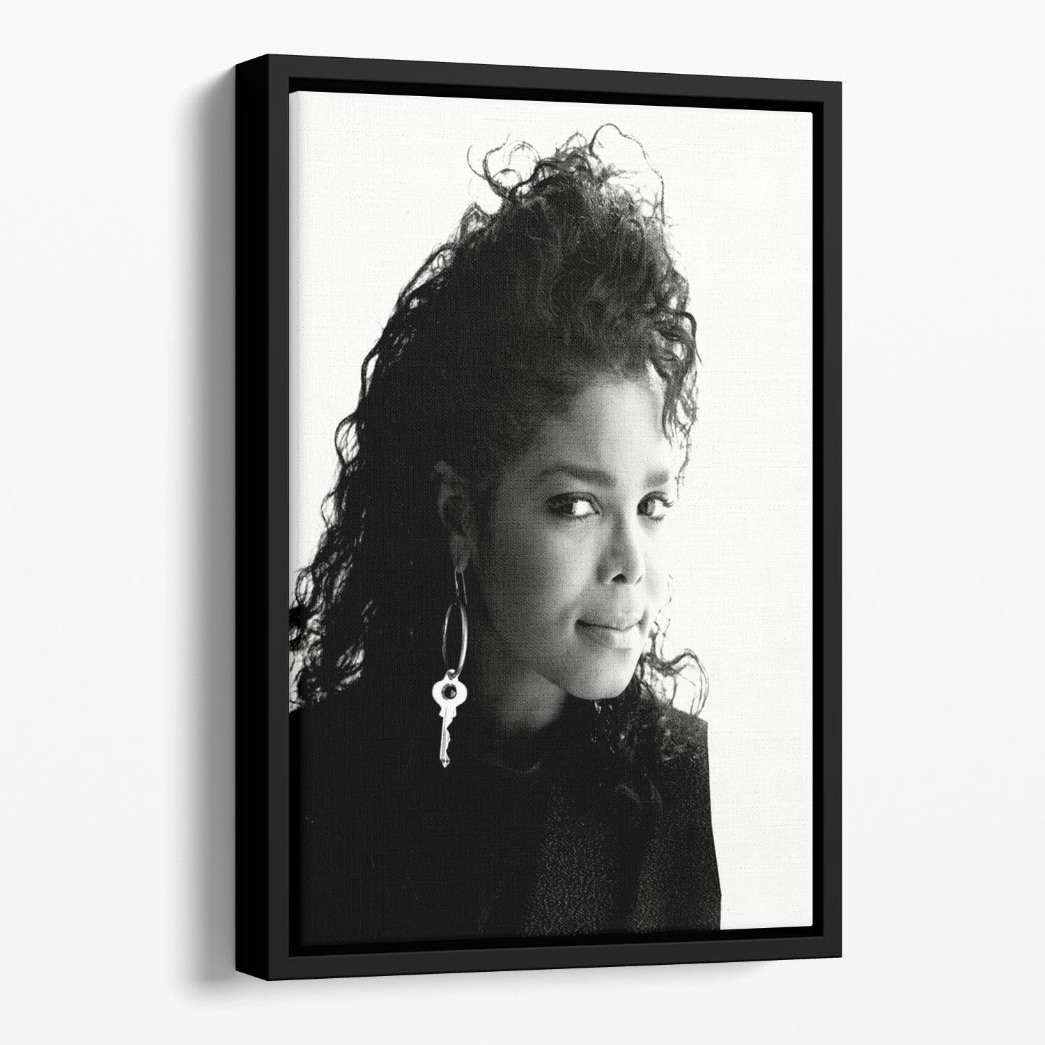 A vibrant abstract canvas featuring Janet Jackson from 1987, elegantly framed to create a floating effect.