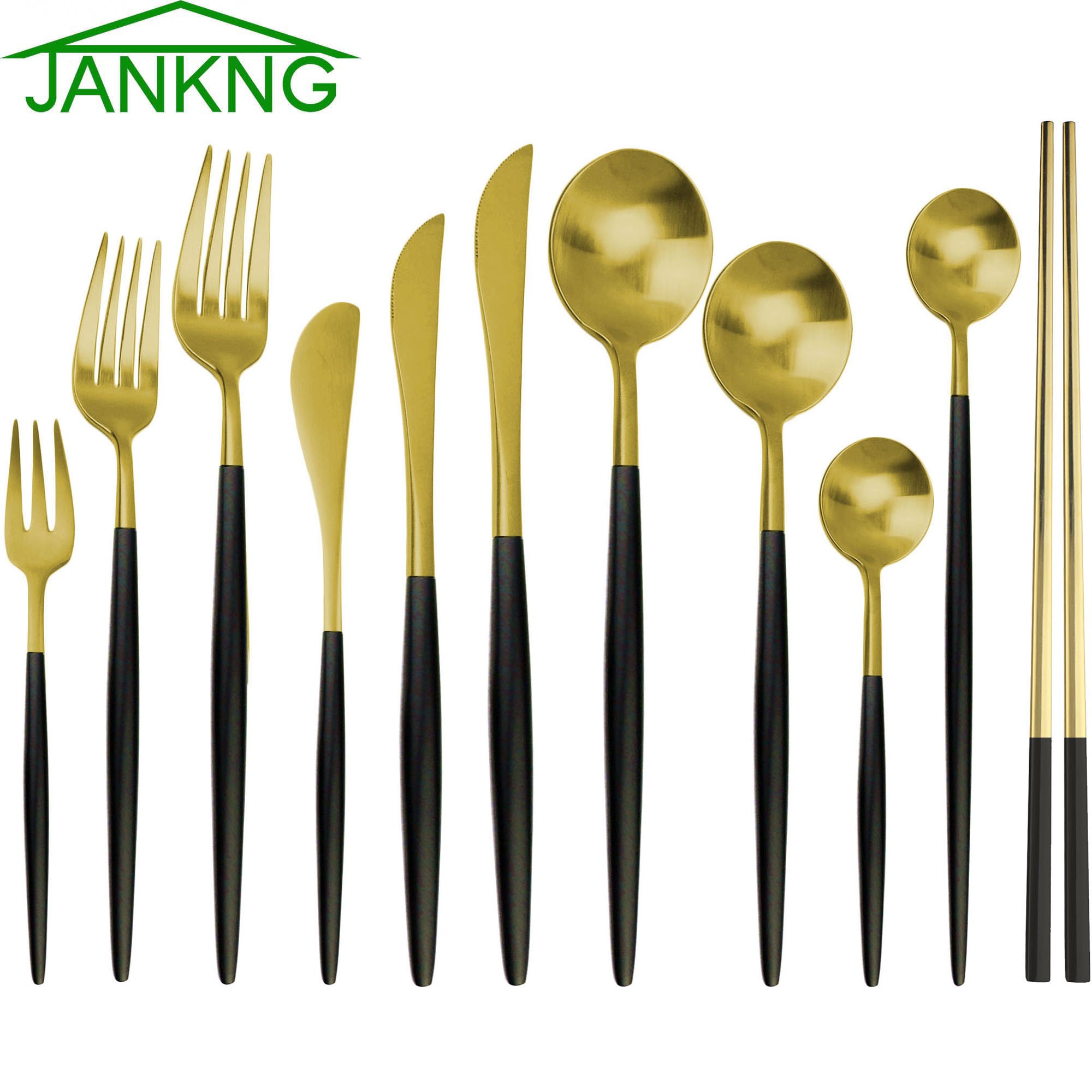 JANKNG 6Pcs Black Gold Stainless Steel Dinnerware Set featuring forks, knives, spoons, and chopsticks in an elegant design.