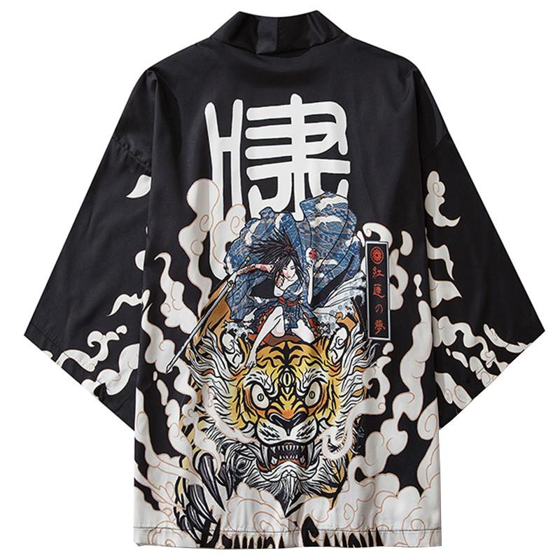 Januarysnow Japanese Kimono Jacket featuring a tiger samurai print, designed for men with a casual 3/4 sleeve and open stitch closure.
