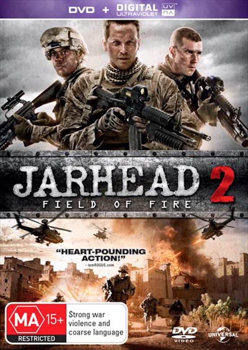 Jarhead 2 - Field Of Fire DVD cover featuring a young Marine in combat gear, set against a dramatic backdrop of Afghanistan.