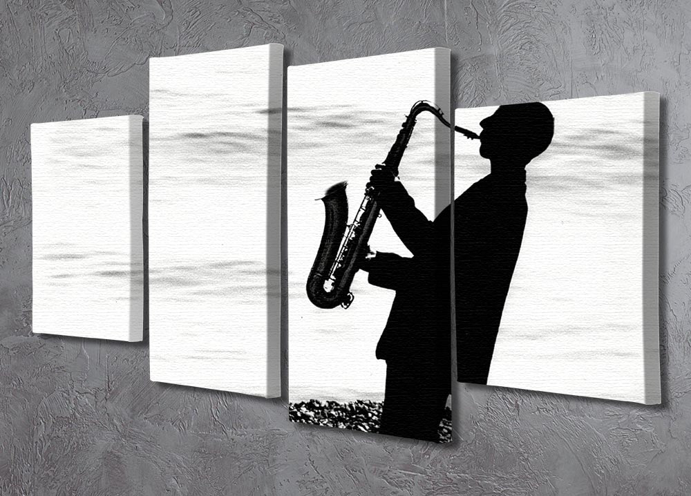 A vibrant 4-split canvas artwork depicting jazz musicians playing on the beach, showcasing lively colors and dynamic composition.