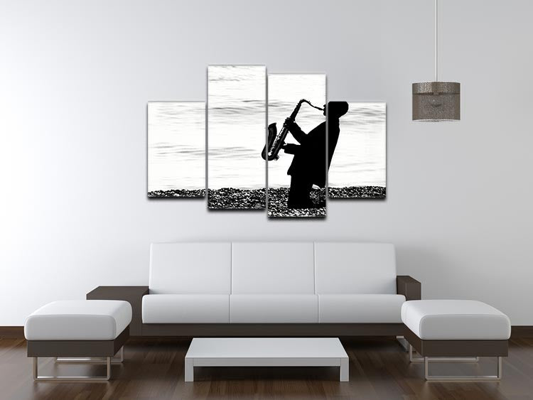 A vibrant 4-split canvas artwork depicting jazz musicians playing on the beach, showcasing lively colors and dynamic composition.