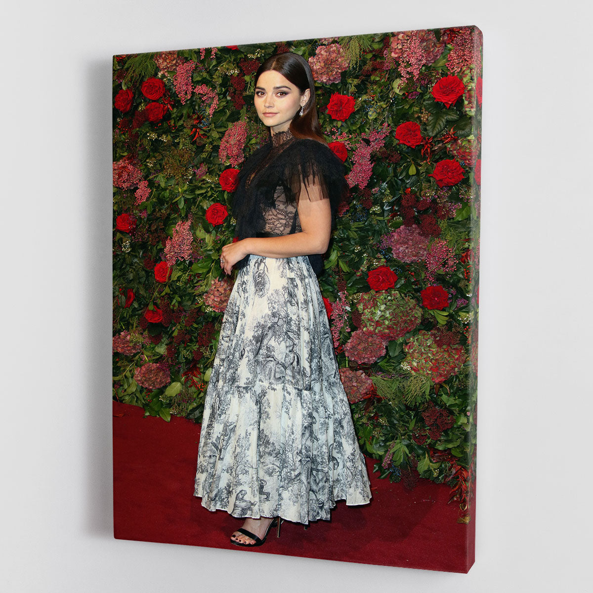 Jenna Coleman on the red carpet, captured in a stunning canvas print or poster, showcasing elegance and charm.