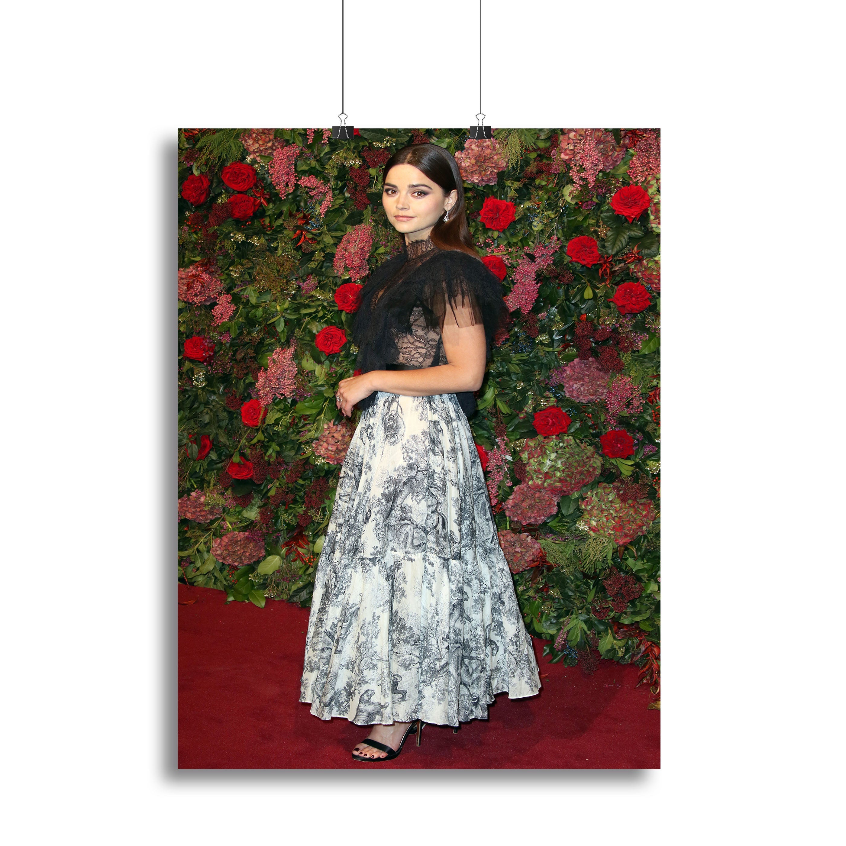 Jenna Coleman on the red carpet, captured in a stunning canvas print or poster, showcasing elegance and charm.