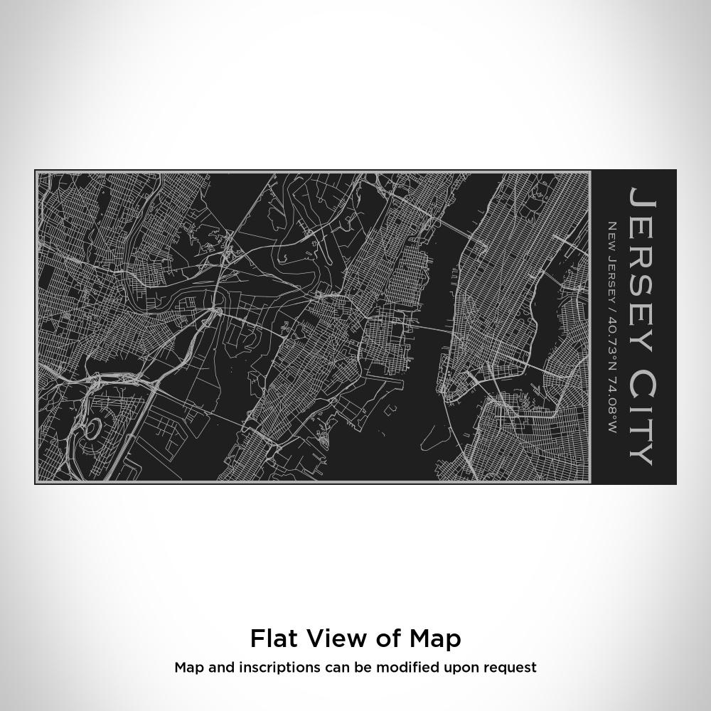 Matte black insulated bottle featuring a custom engraved map of Jersey City, New Jersey, with coordinates.