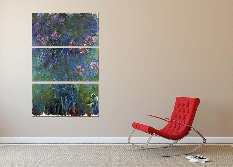 Jewelry Lilies by Monet 3 Split Panel Canvas Print showcasing vibrant lilies in a stunning three-panel arrangement.