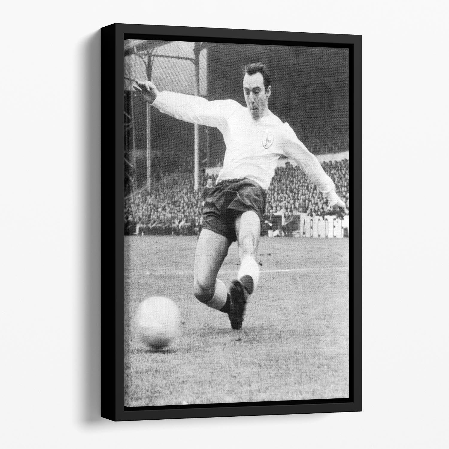 Jimmy Greaves 1966 Floating Framed Canvas showcasing vibrant colors and abstract design in an elegant wooden frame.