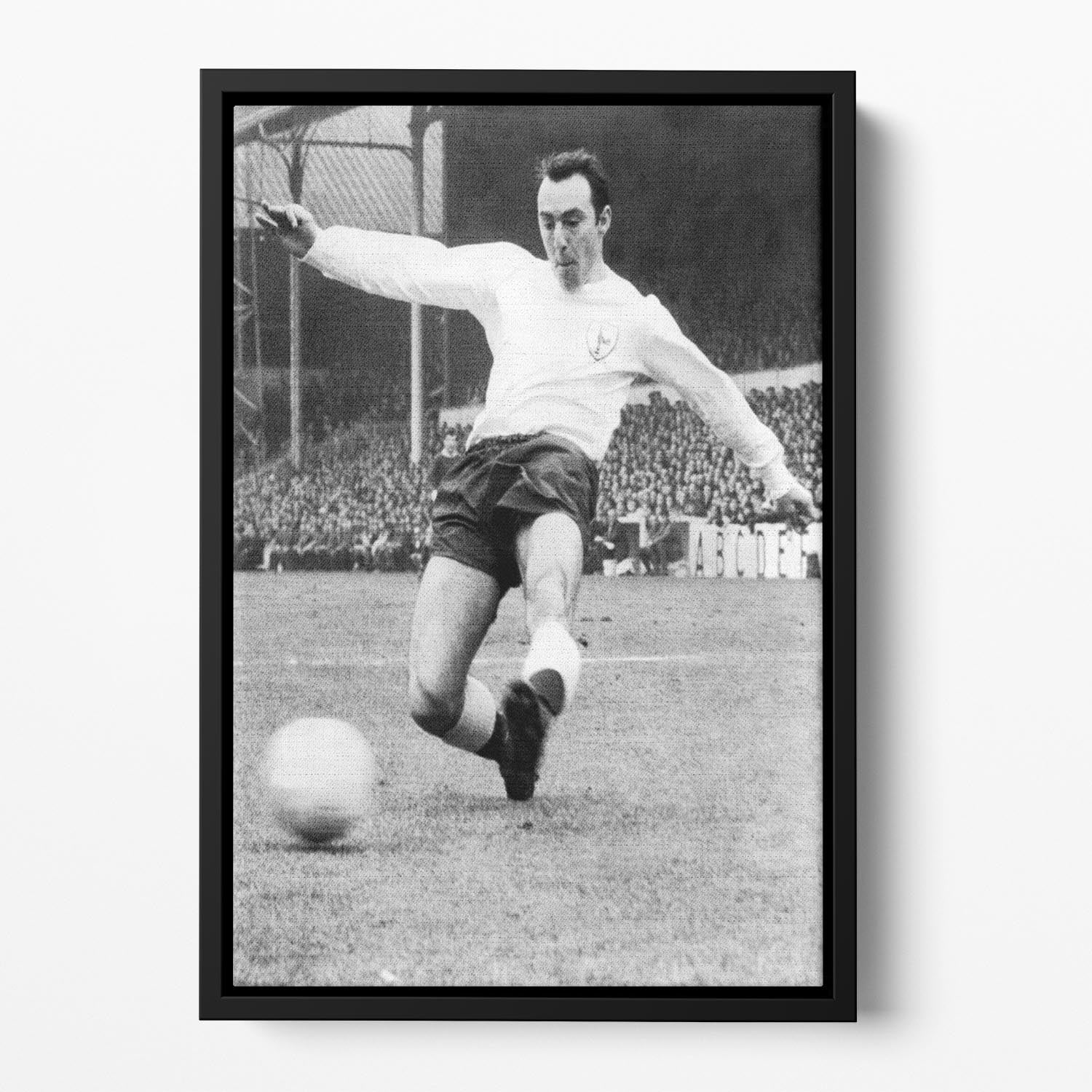Jimmy Greaves 1966 Floating Framed Canvas showcasing vibrant colors and abstract design in an elegant wooden frame.