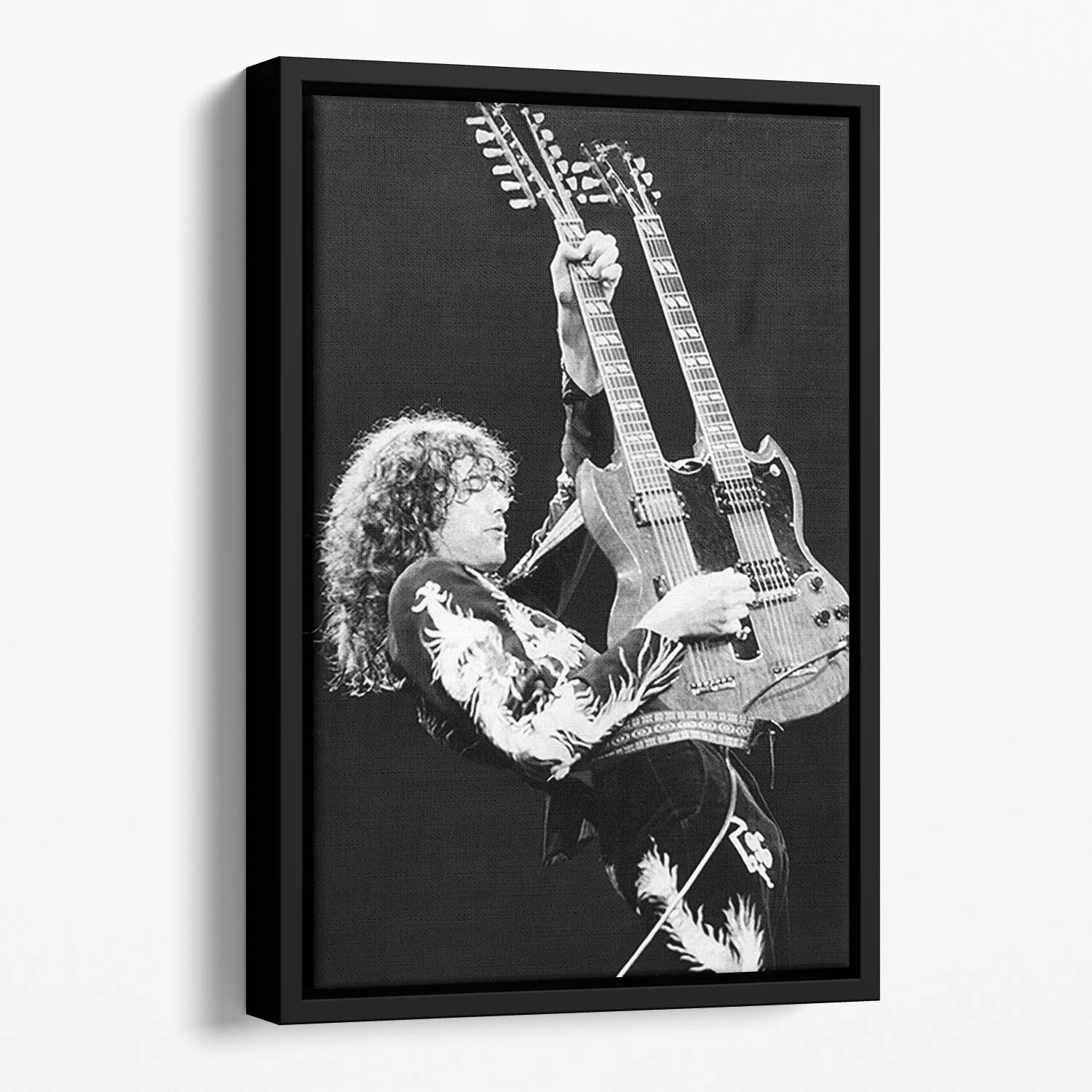 Floating framed canvas featuring Jimmy Page of Led Zeppelin, showcasing vibrant colors and elegant design.