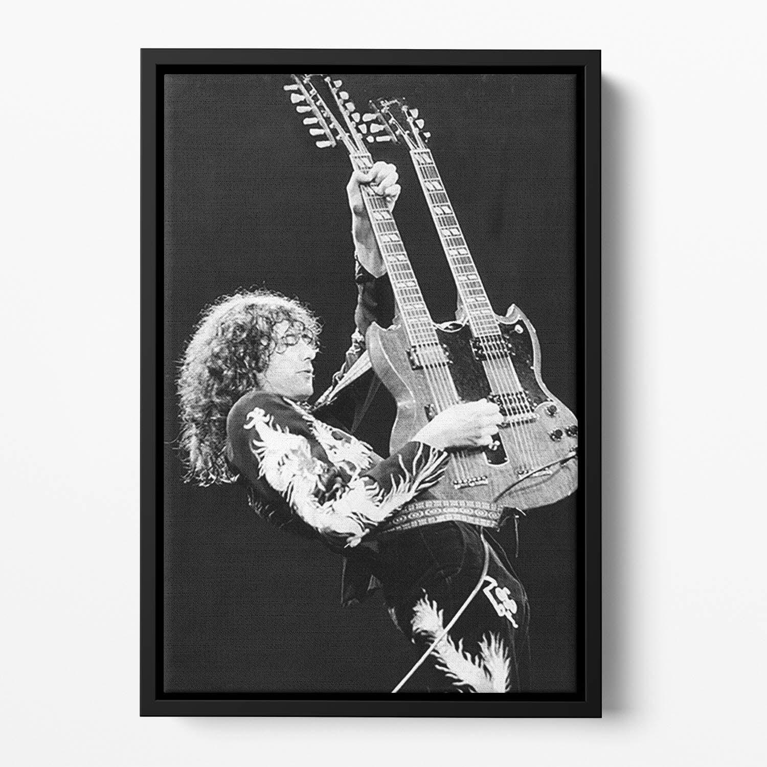 Floating framed canvas featuring Jimmy Page of Led Zeppelin, showcasing vibrant colors and elegant design.