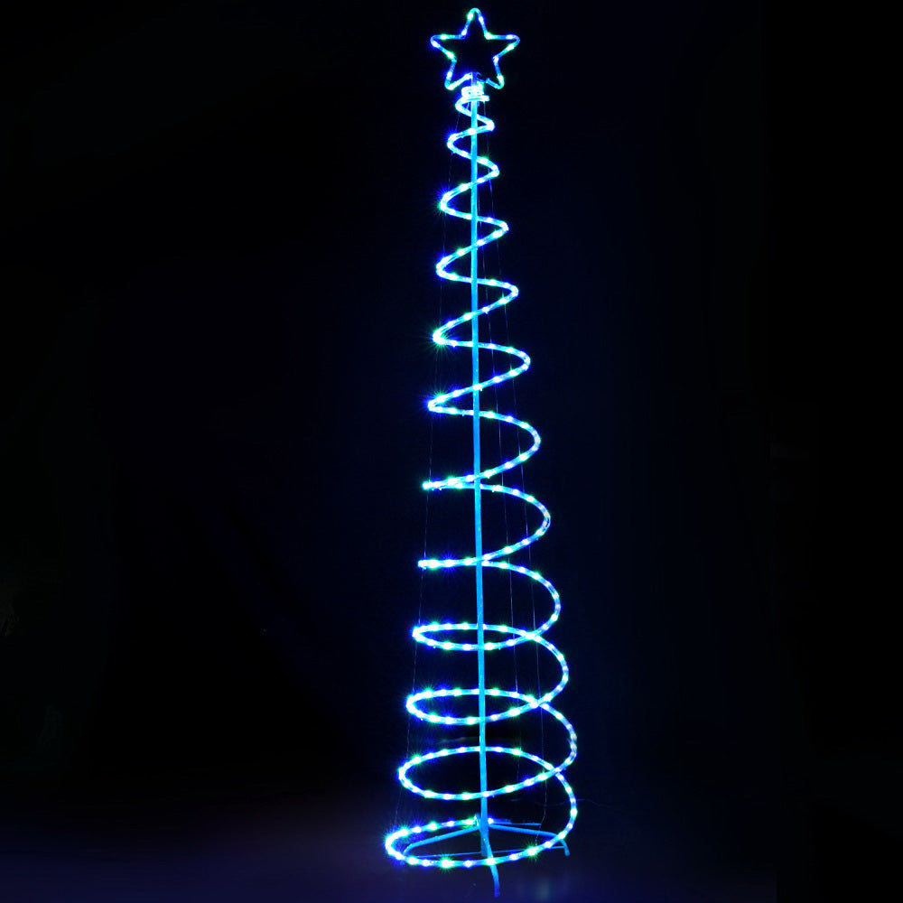 Jingle Jollys 2.4M LED Christmas Tree with multicoloured lights and solar panel, showcasing a spiral design and sturdy metal stand.