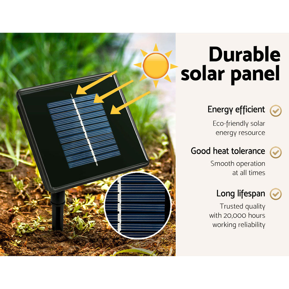 Jingle Jollys 2.4M LED Christmas Tree with multicoloured lights and solar panel, showcasing a spiral design and sturdy metal stand.