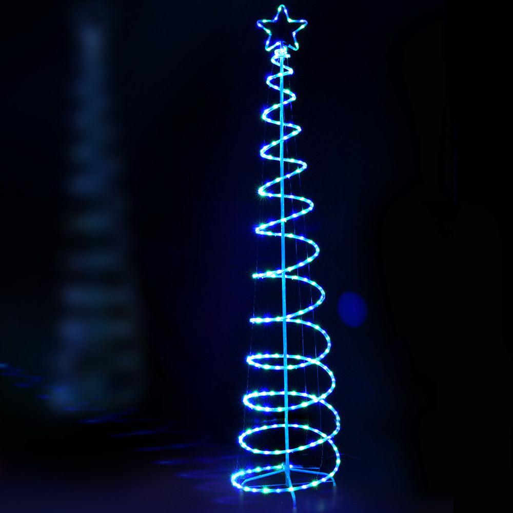 Jingle Jollys 2.4M LED Christmas Tree with multicoloured lights and solar panel, showcasing a spiral design and sturdy metal stand.