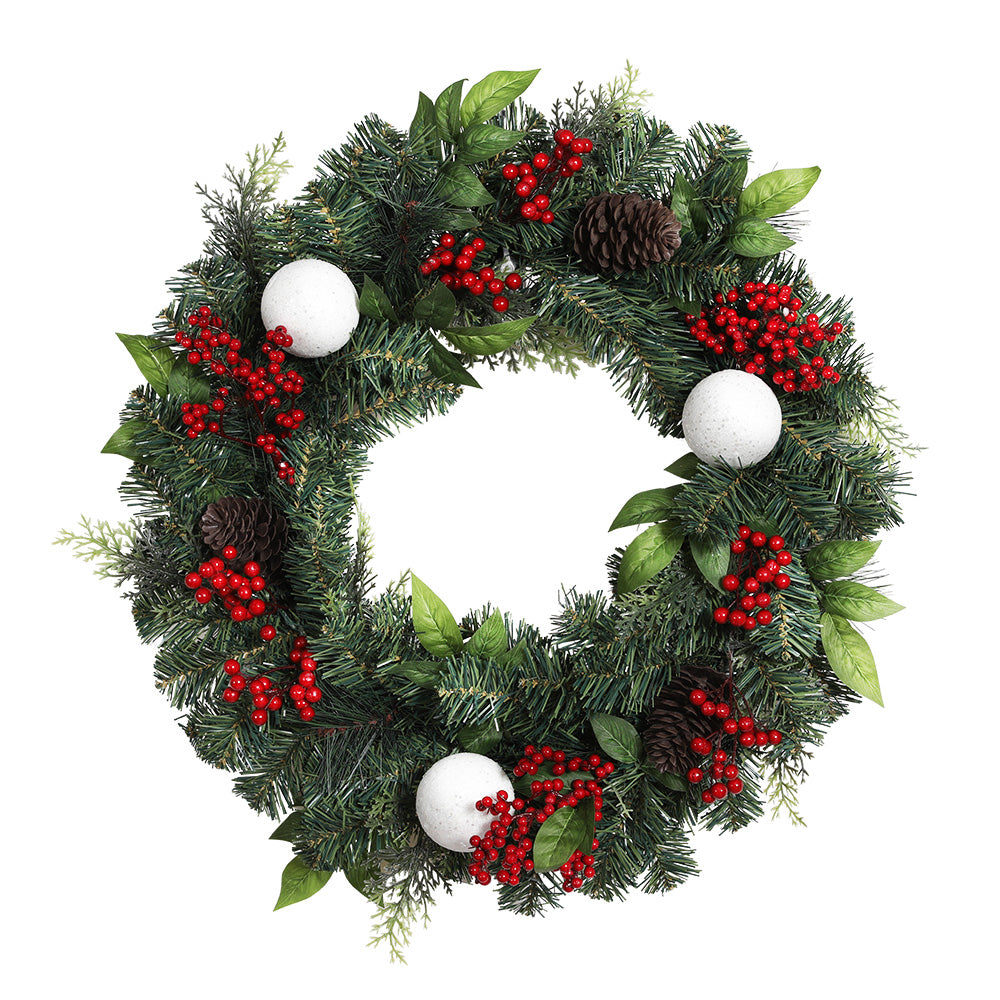 Jingle Jollys 2FT Christmas Wreath with warm LED lights, artificial berries, pinecones, and decorative balls, perfect for festive decoration.