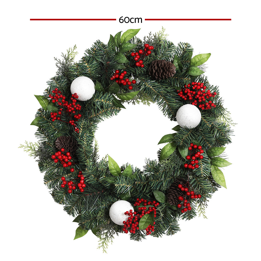 Jingle Jollys 2FT Christmas Wreath with warm LED lights, artificial berries, pinecones, and decorative balls, perfect for festive decoration.