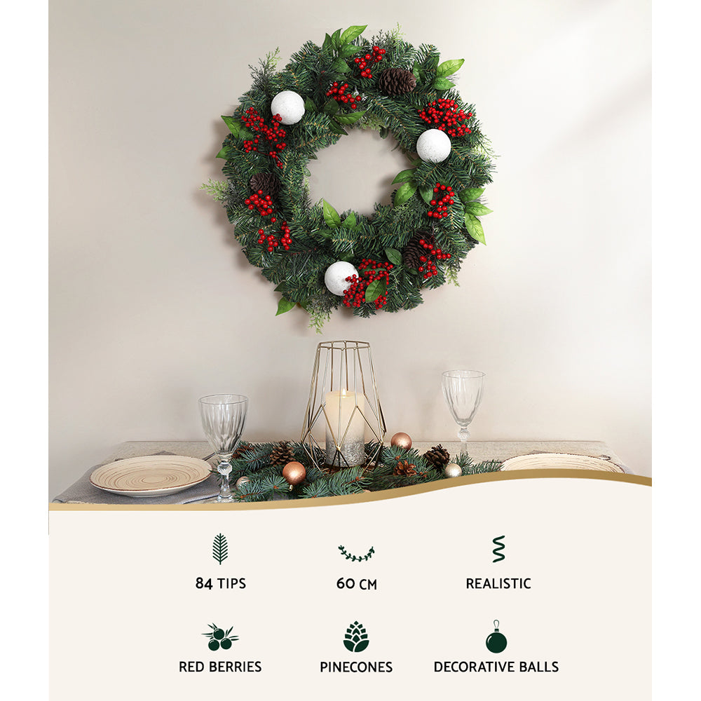 Jingle Jollys 2FT Christmas Wreath with warm LED lights, artificial berries, pinecones, and decorative balls, perfect for festive decoration.