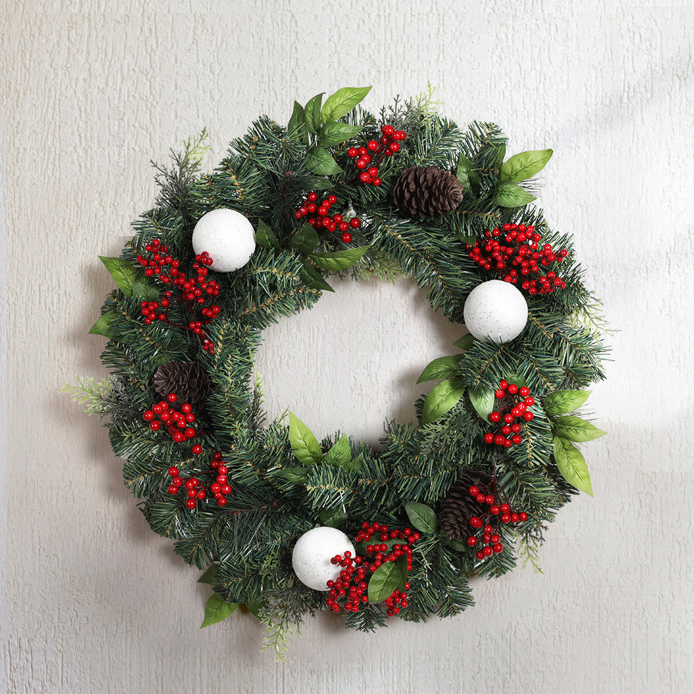 Jingle Jollys 2FT Christmas Wreath with warm LED lights, artificial berries, pinecones, and decorative balls, perfect for festive decoration.
