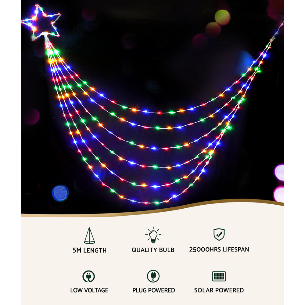Jingle Jollys 5M Christmas String Lights with 320 multi-coloured LED bulbs, showcasing a cascading design perfect for festive decorations.